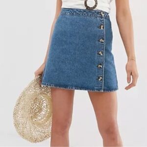 ASOS design denim wrap skirt with buttons in midwash blue